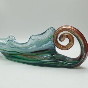 Vintage Sooner Hand Blown MCM Cornucopia Bowl Blue and Brown Swirl Art Glass